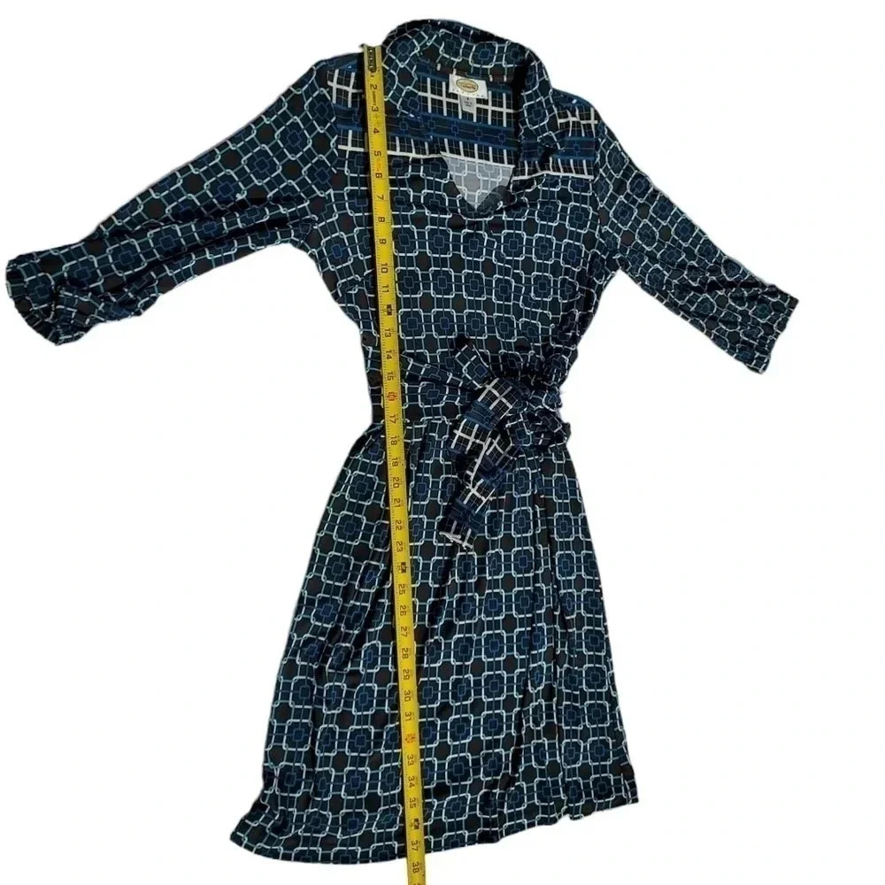 Talbots Petites Geometric Belted Dress Size 4 Blue/ Brown/ White/Turqouise - Picture 8 of 12